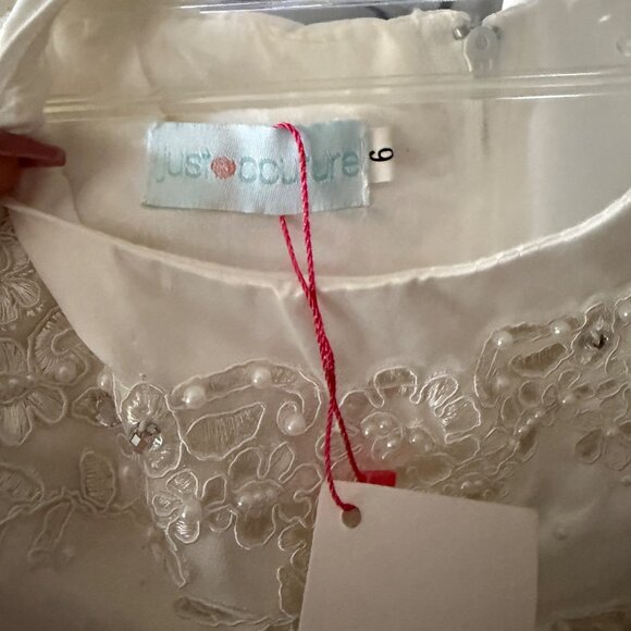 Just Couture Girls Sleeveless White Lace Embroidered High-Low Dress With Tulle O - Picture 7 of 8